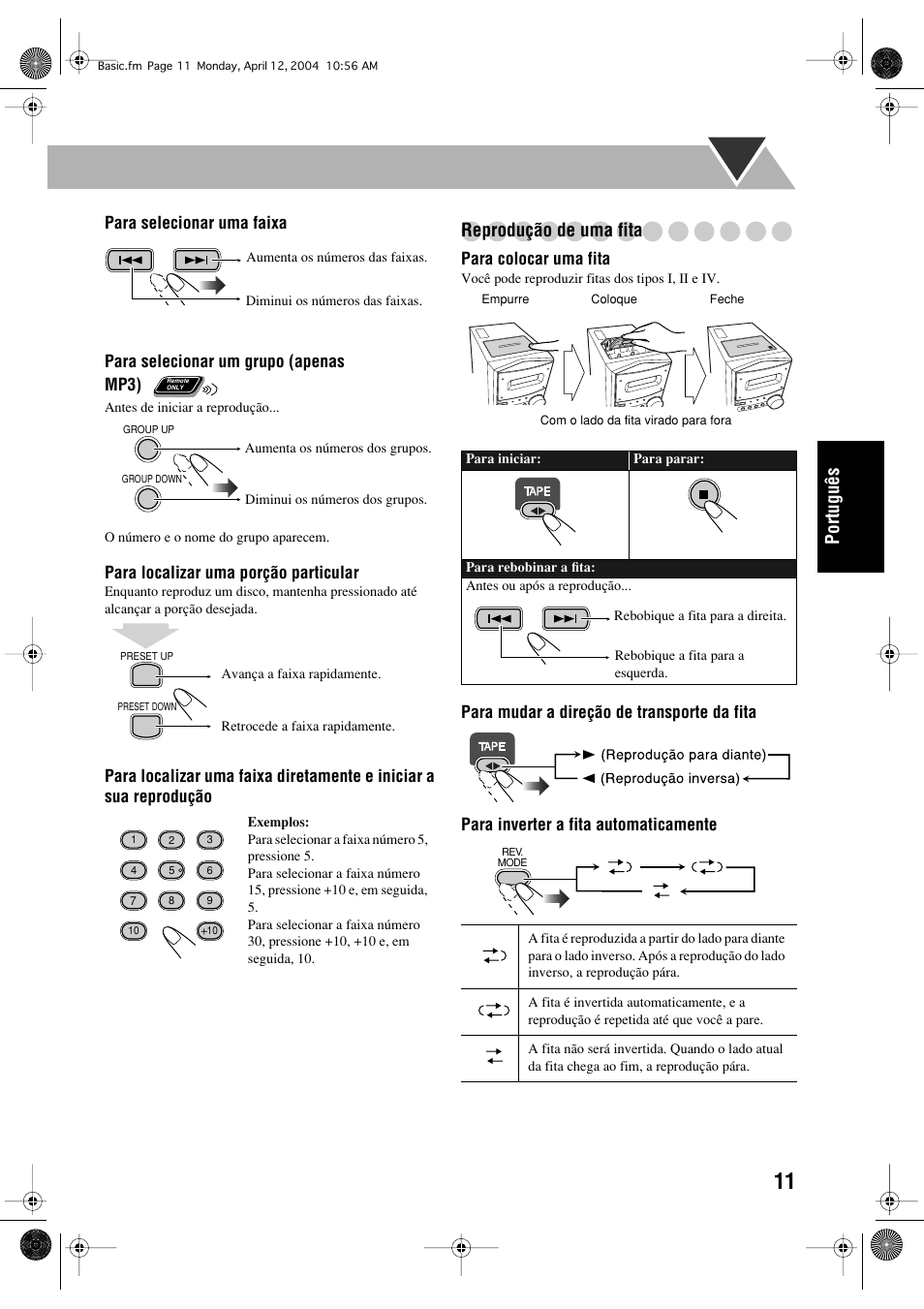 Português, Reprodução de uma fita | JVC UX-P400 User Manual | Page 63 / 80