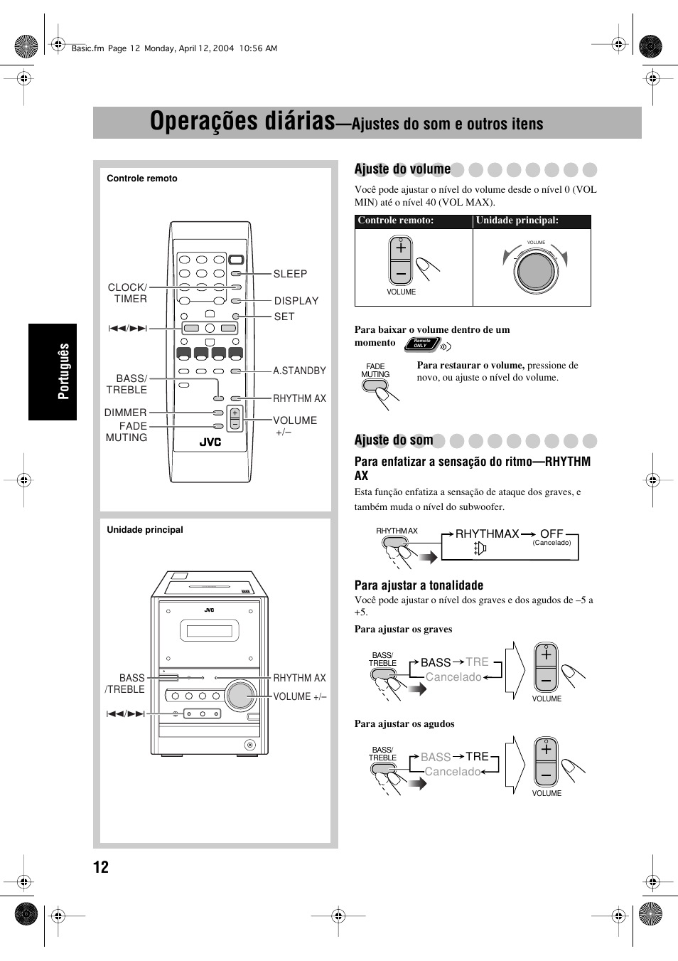 Operações diárias, Ajustes do som e outros itens, Português | Ajuste do volume, Ajuste do som | JVC UX-P400 User Manual | Page 64 / 80