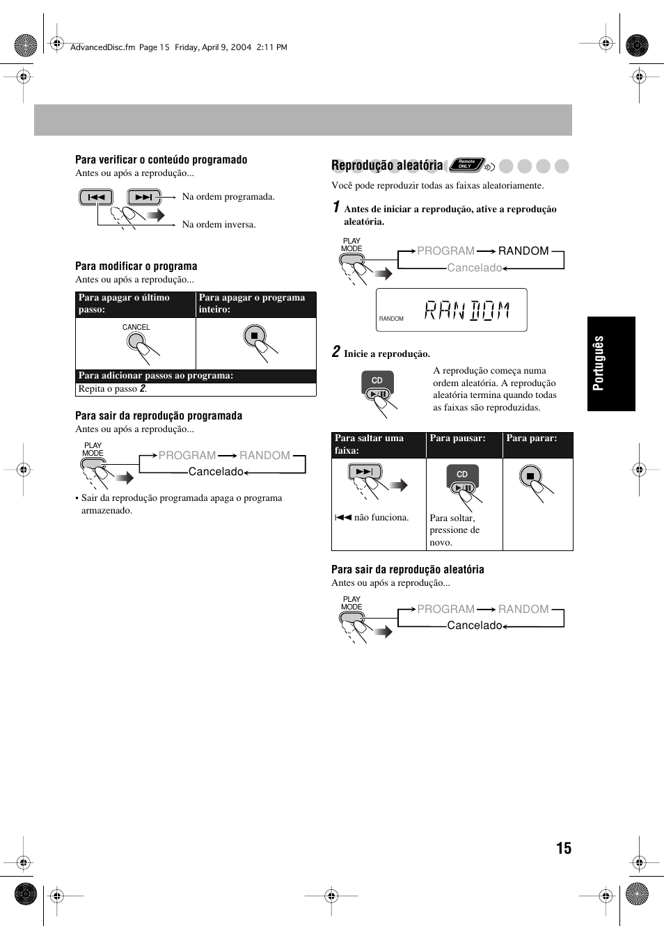 Português, Reprodução aleatória | JVC UX-P400 User Manual | Page 67 / 80