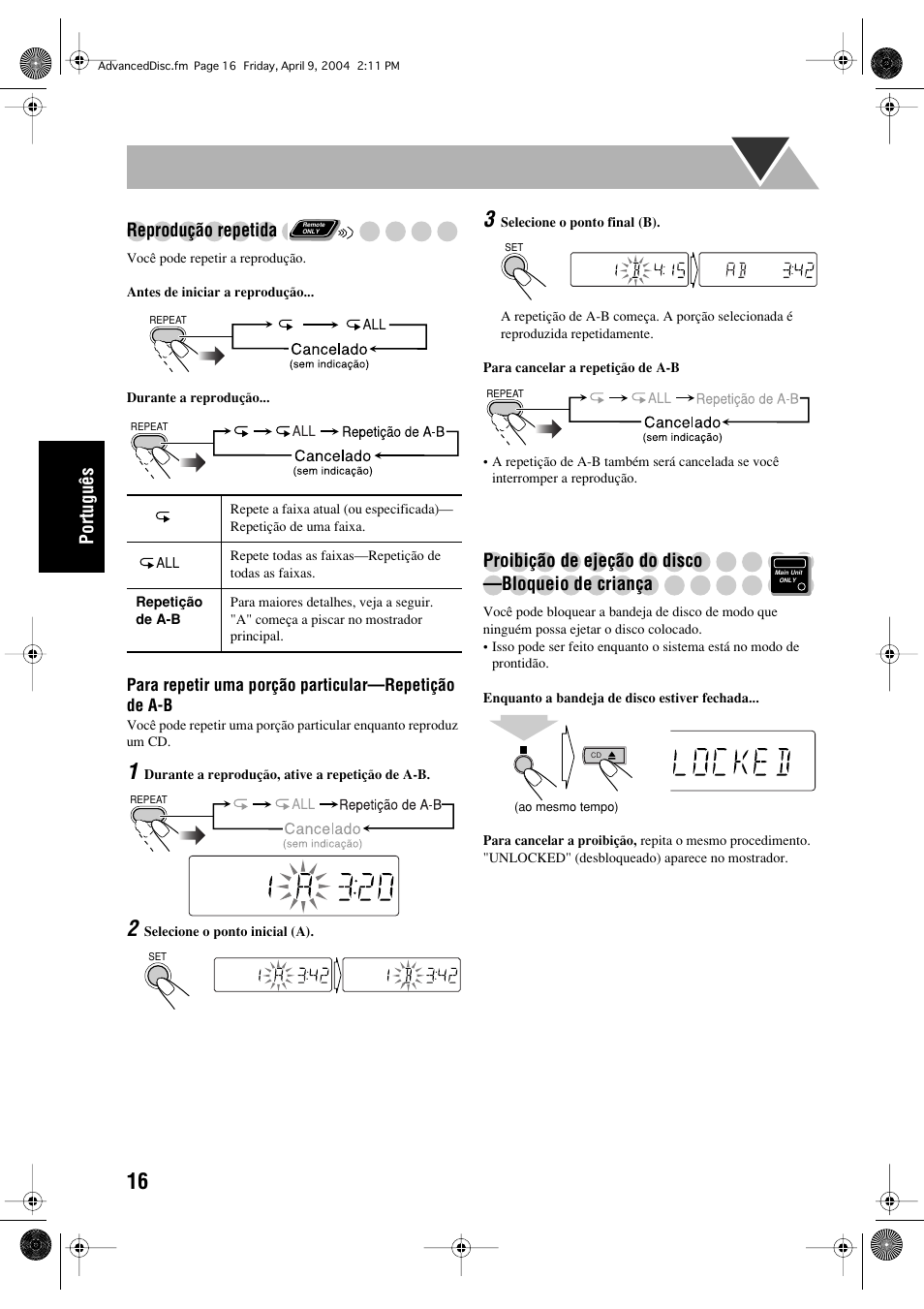 Português, Reprodução repetida, Proibição de ejeção do disco —bloqueio de criança | JVC UX-P400 User Manual | Page 68 / 80