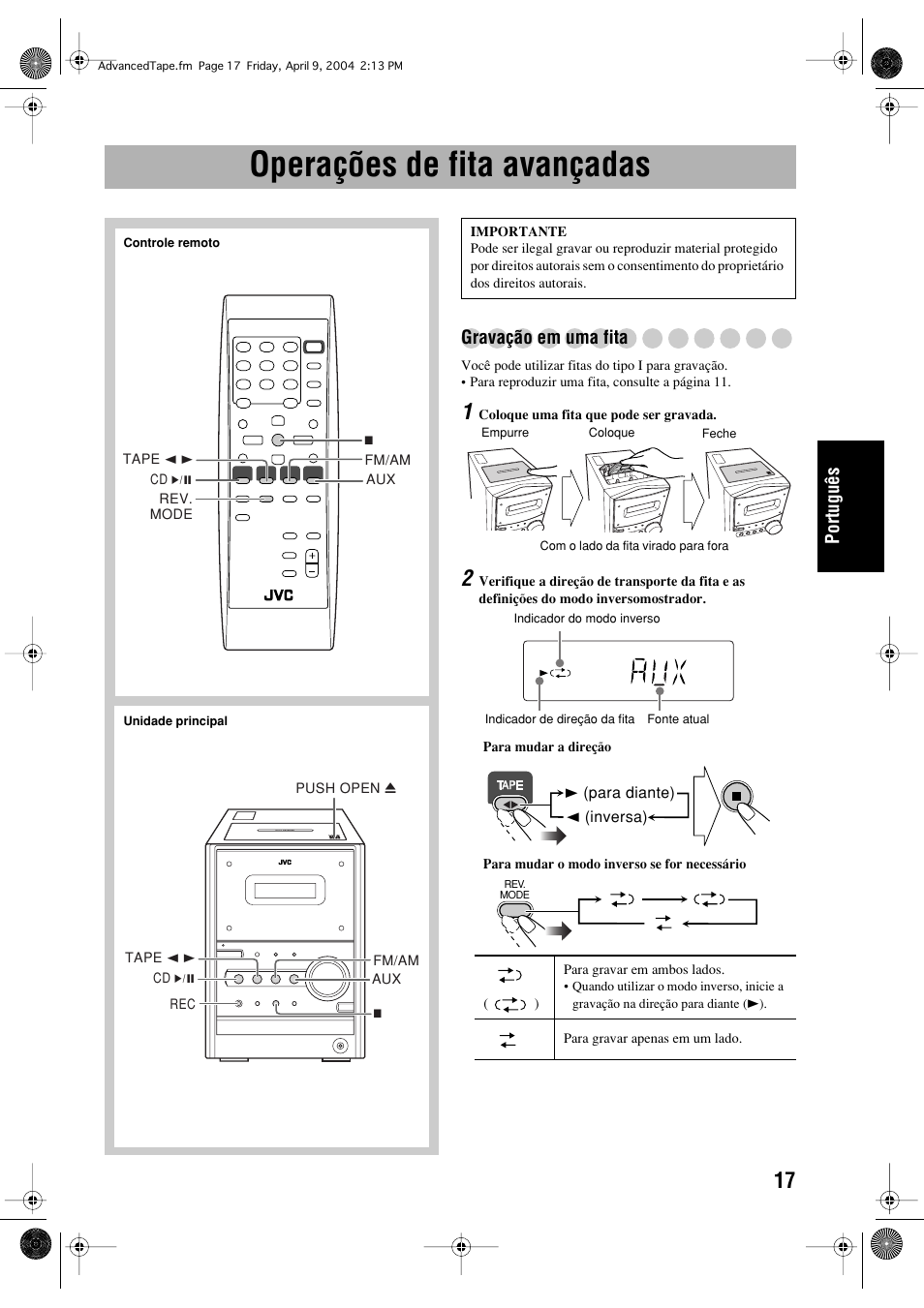 Operações de fita avançadas, Português, Gravação em uma fita | JVC UX-P400 User Manual | Page 69 / 80