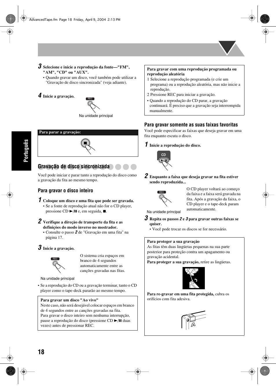 Português, Gravação de disco sincronizada | JVC UX-P400 User Manual | Page 70 / 80
