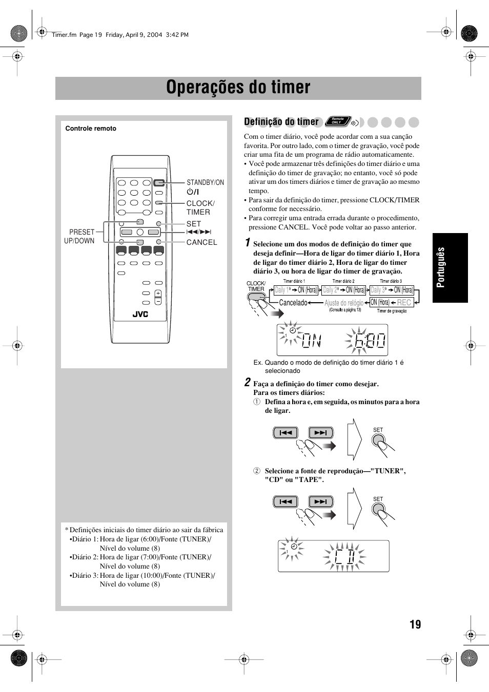 Operações do timer, Português, Definição do timer | JVC UX-P400 User Manual | Page 71 / 80