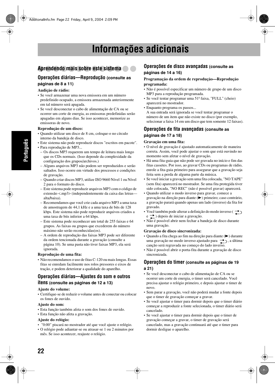 Informações adicionais, Português, Aprendendo mais sobre este sistema | JVC UX-P400 User Manual | Page 74 / 80