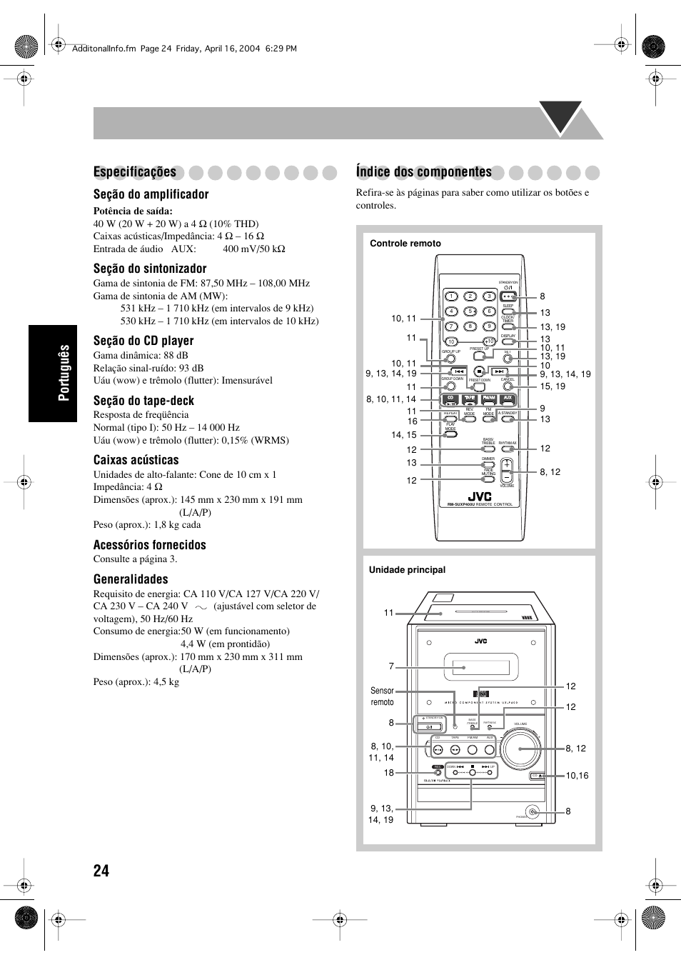 Português especificações, Índice dos componentes, Seção do amplificador | Seção do sintonizador, Seção do cd player, Seção do tape-deck, Caixas acústicas, Acessórios fornecidos, Generalidades | JVC UX-P400 User Manual | Page 76 / 80