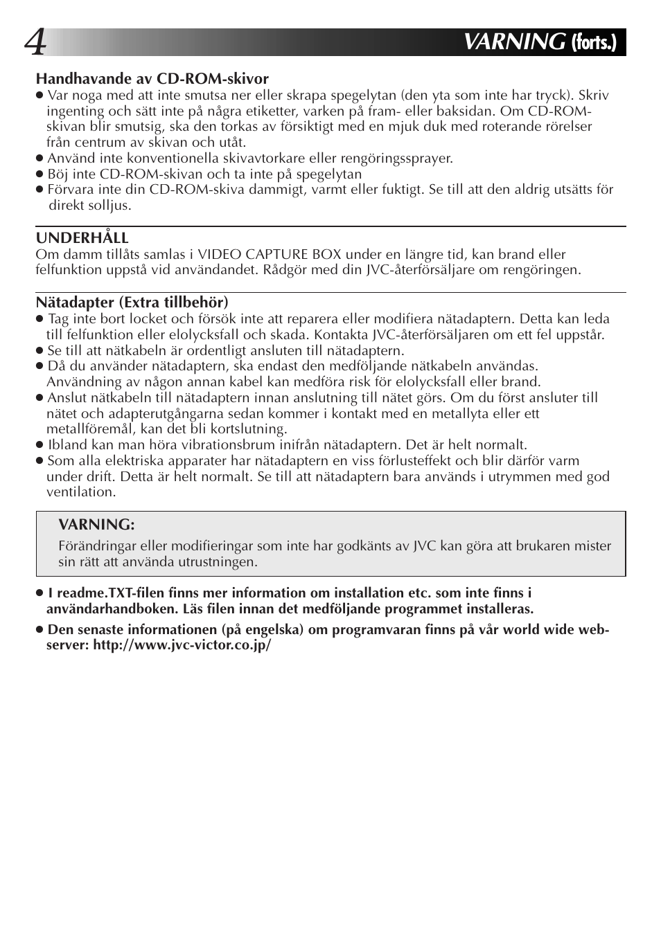 Varning, Forts.) | JVC JLIP GV-CB3E User Manual | Page 100 / 134