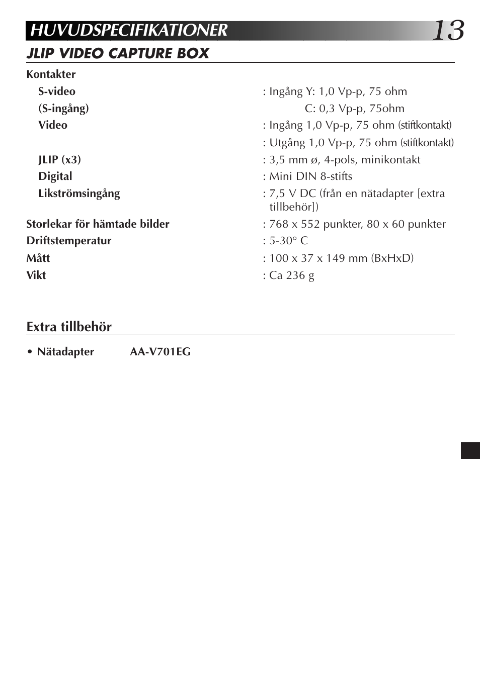 Huvudspecifikationer | JVC JLIP GV-CB3E User Manual | Page 109 / 134