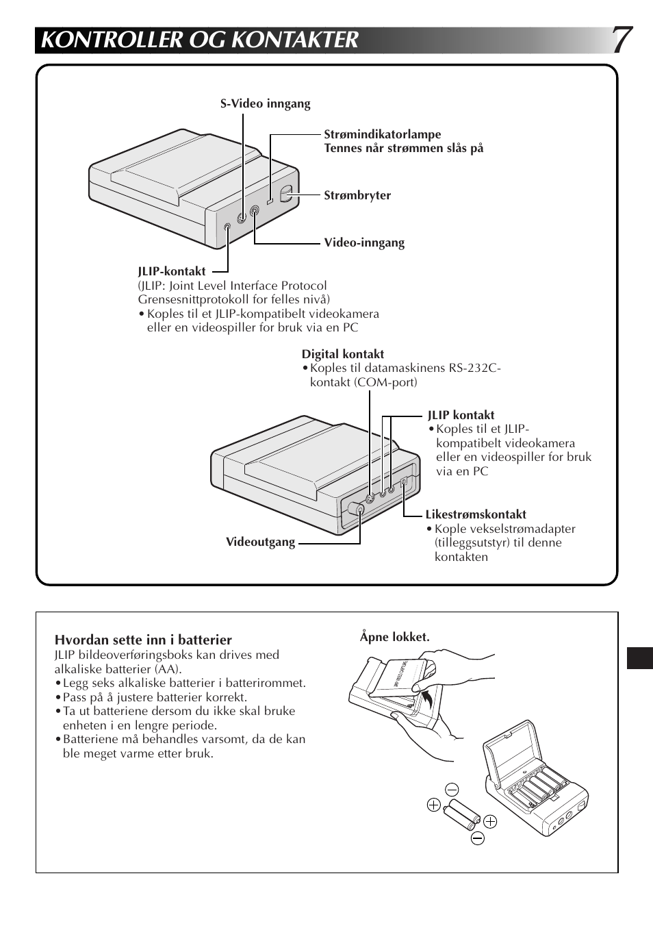 Kontroller og kontakter | JVC JLIP GV-CB3E User Manual | Page 115 / 134