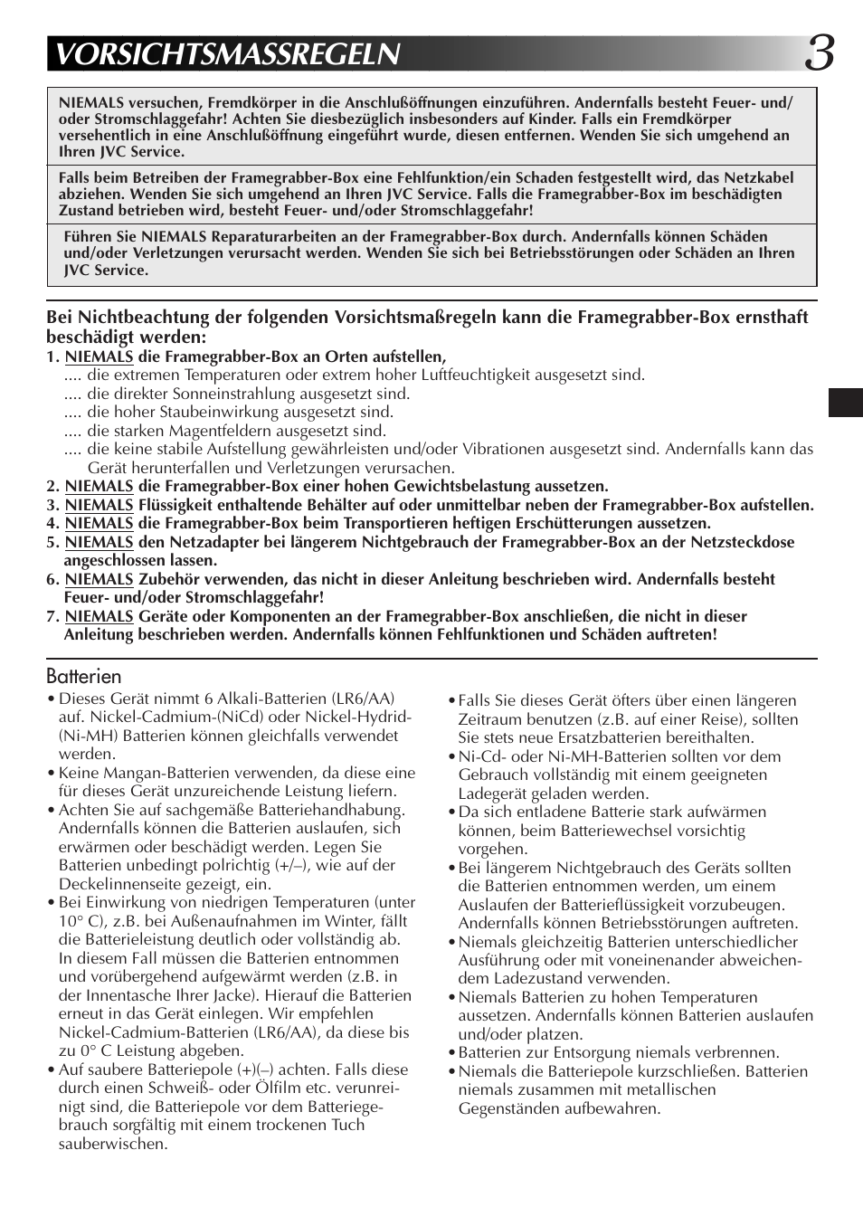 Vorsichtsmassregeln | JVC JLIP GV-CB3E User Manual | Page 15 / 134