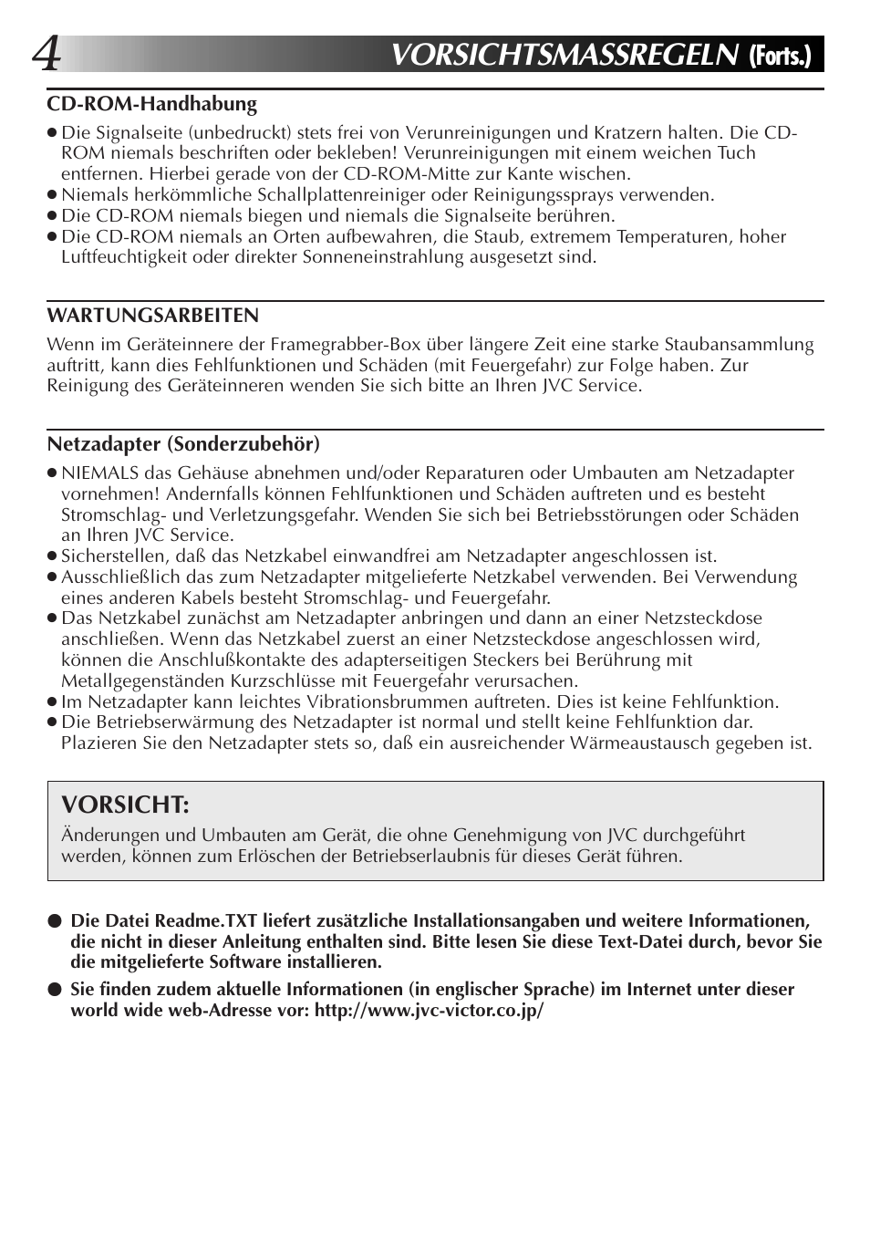 Vorsichtsmassregeln, Forts.), Vorsicht | JVC JLIP GV-CB3E User Manual | Page 16 / 134