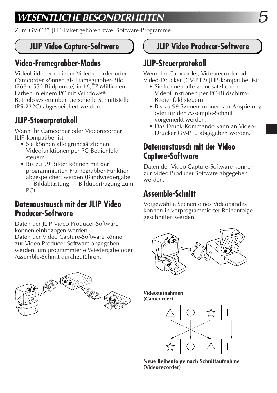 Wesentliche besonderheiten, Jlip-steuerprotokoll, Jlip video producer-software jlip-steuerprotokoll | Datenaustausch mit der video capture-software, Assemble-schnitt | JVC JLIP GV-CB3E User Manual | Page 17 / 134