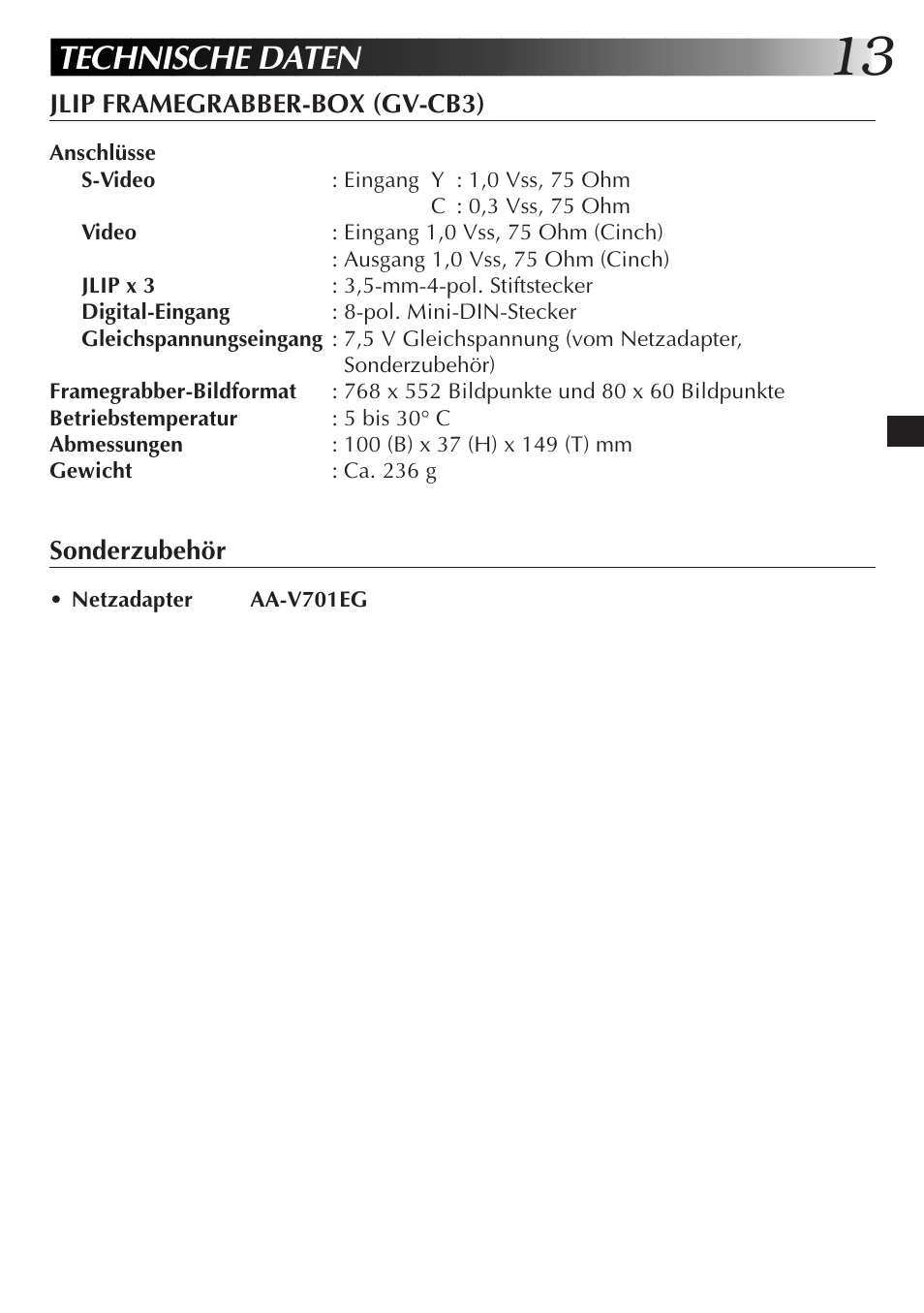 Technische daten | JVC JLIP GV-CB3E User Manual | Page 25 / 134