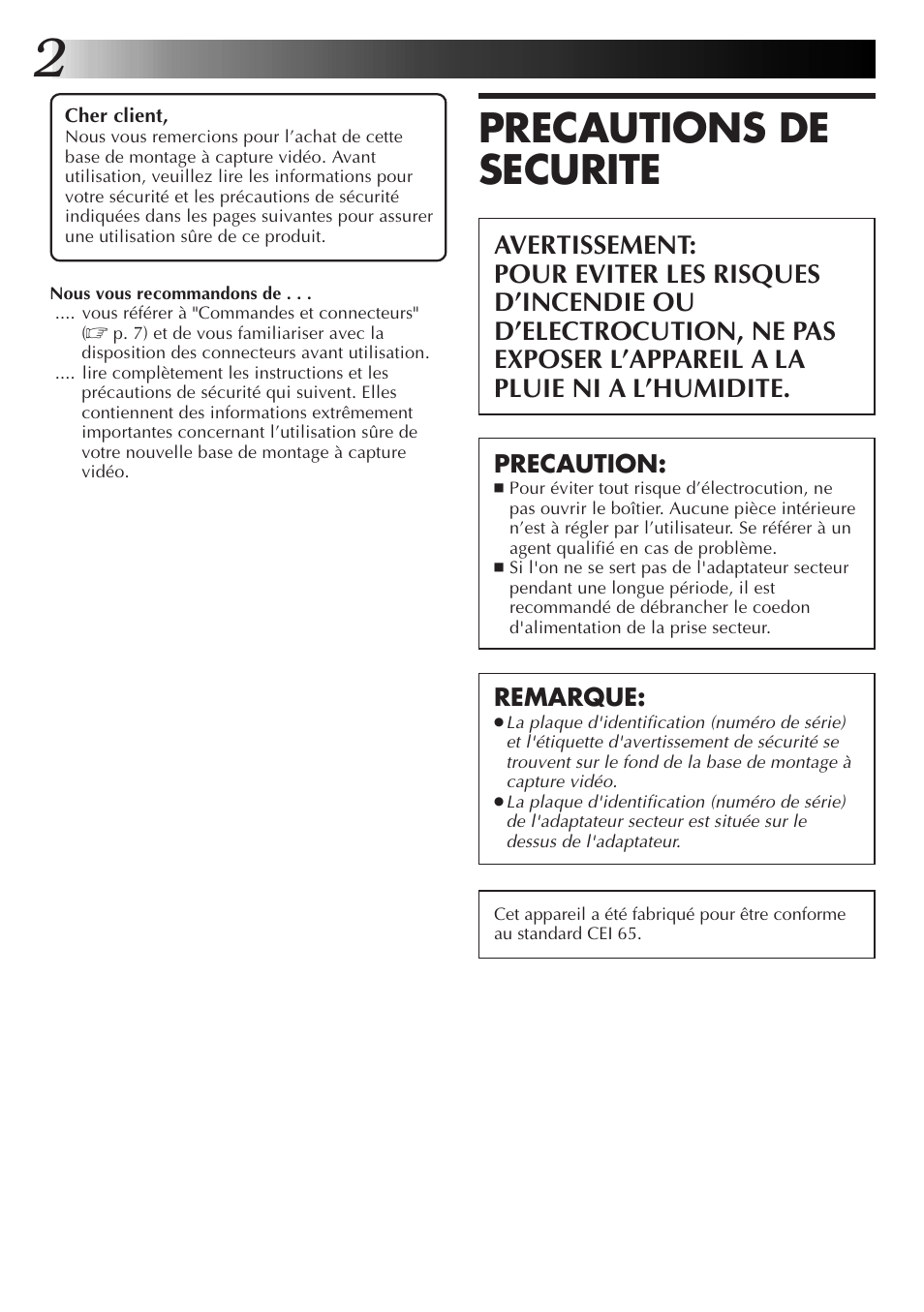 Precautions de securite | JVC JLIP GV-CB3E User Manual | Page 26 / 134