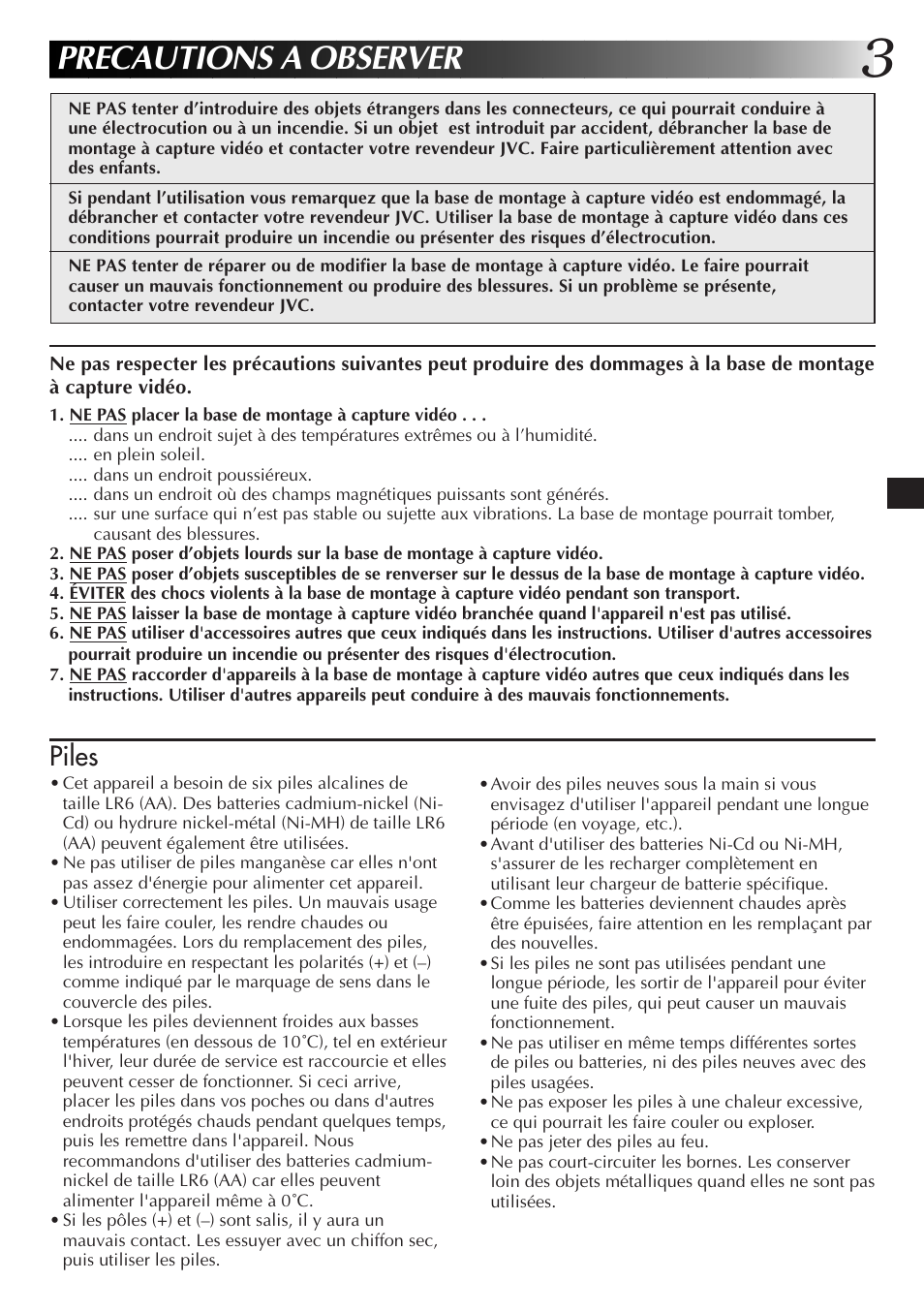 Precautions a observer, Piles | JVC JLIP GV-CB3E User Manual | Page 27 / 134