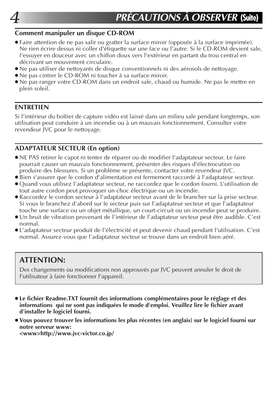 Précautions à observer, Suite), Attention | JVC JLIP GV-CB3E User Manual | Page 28 / 134