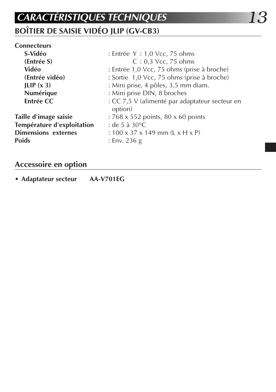 Caractéristiques techniques | JVC JLIP GV-CB3E User Manual | Page 37 / 134