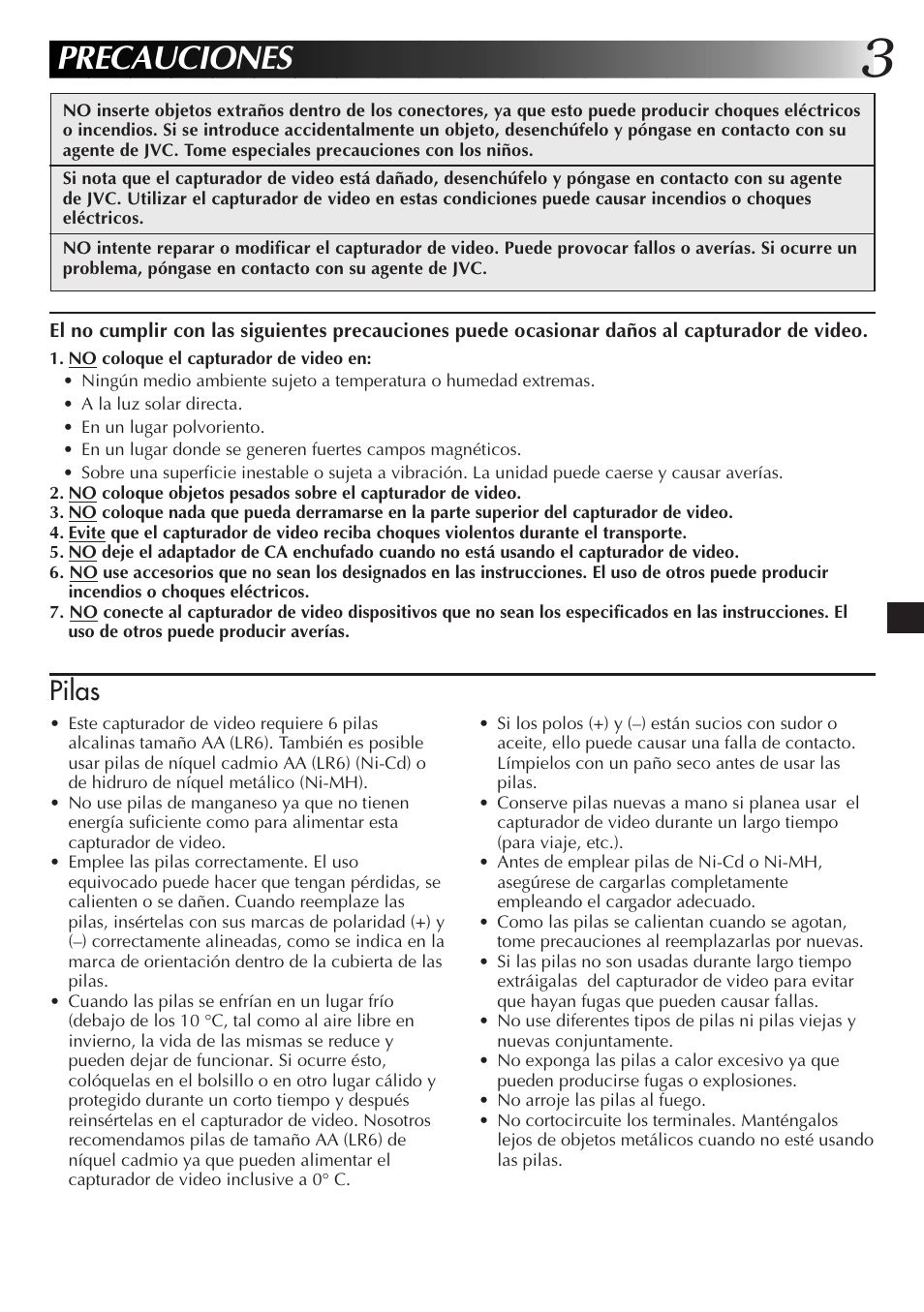 Precauciones, Pilas | JVC JLIP GV-CB3E User Manual | Page 51 / 134