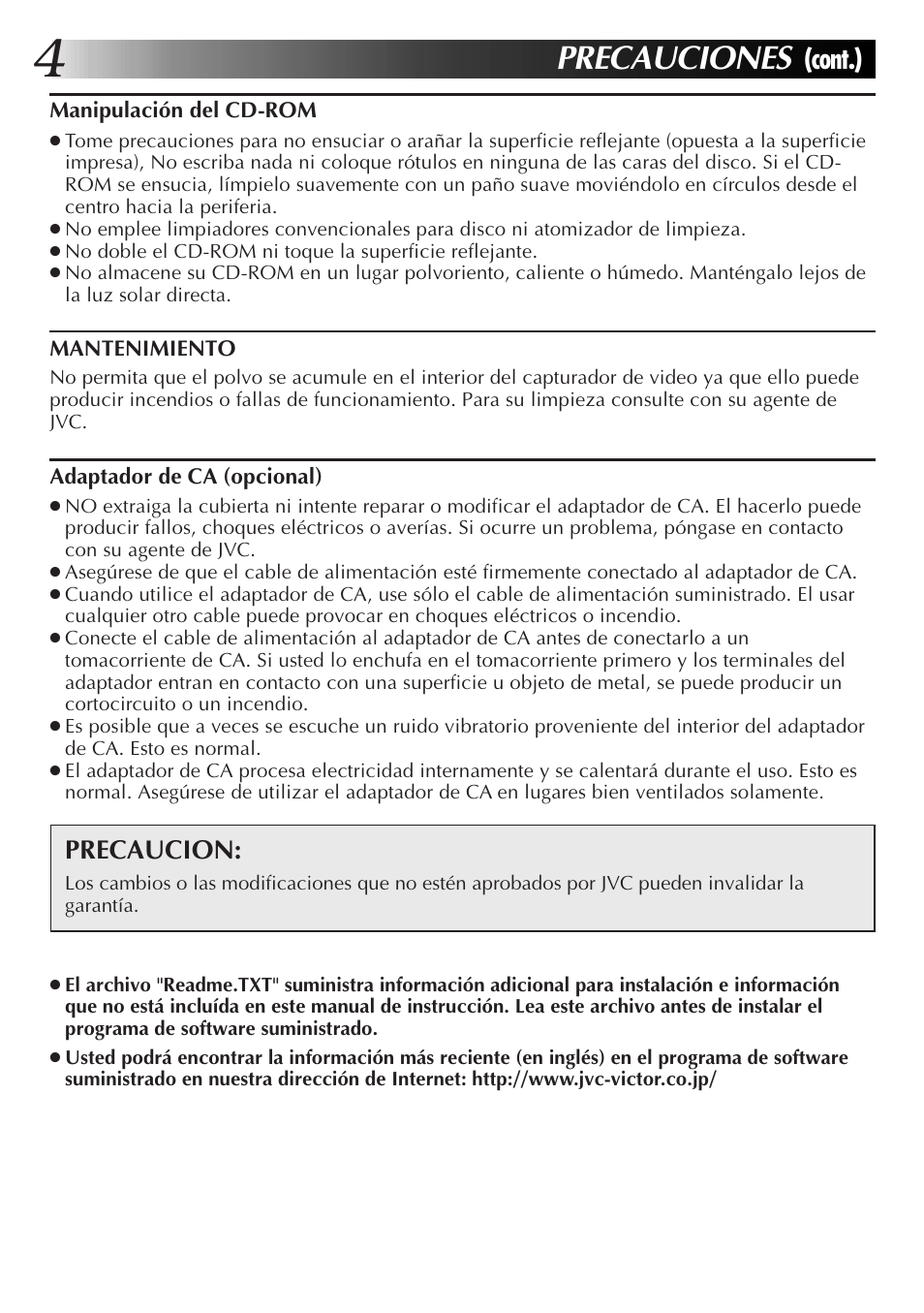 Precauciones, Cont.), Precaucion | JVC JLIP GV-CB3E User Manual | Page 52 / 134