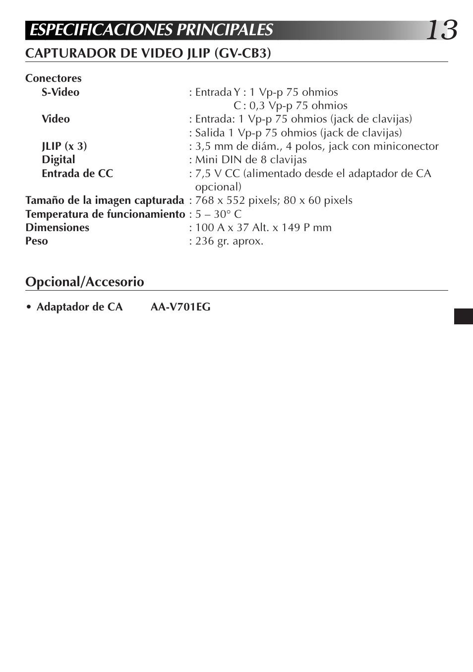 Especificaciones principales | JVC JLIP GV-CB3E User Manual | Page 61 / 134