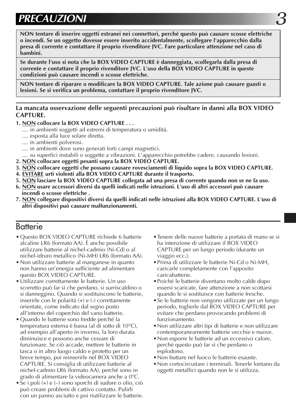 Precauzioni, Batterie | JVC JLIP GV-CB3E User Manual | Page 63 / 134