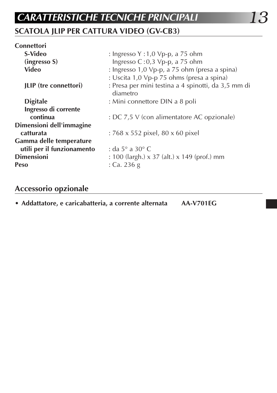 Caratteristiche tecniche principali | JVC JLIP GV-CB3E User Manual | Page 73 / 134