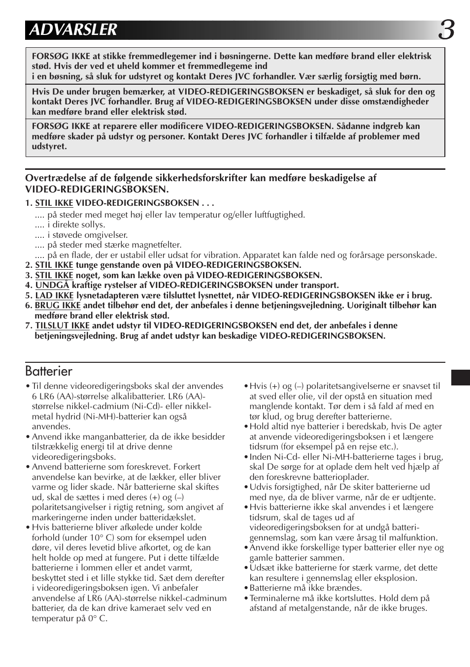 Advarsler, Batterier | JVC JLIP GV-CB3E User Manual | Page 75 / 134