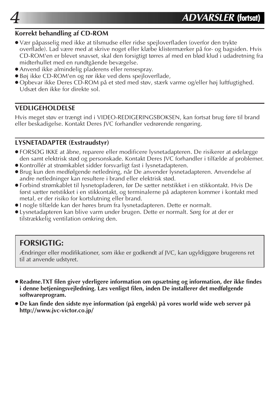 Advarsler, Fortsat), Forsigtig | JVC JLIP GV-CB3E User Manual | Page 76 / 134
