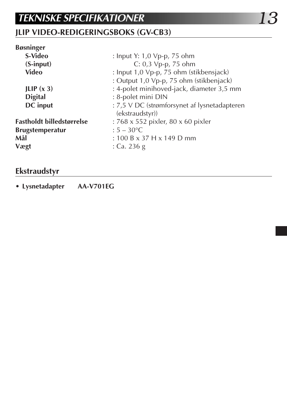 Tekniske specifikationer | JVC JLIP GV-CB3E User Manual | Page 85 / 134