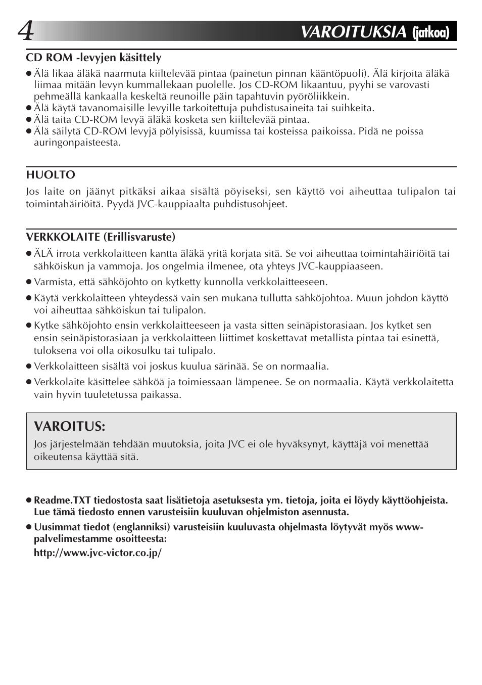 Varoituksia, Jatkoa), Varoitus | JVC JLIP GV-CB3E User Manual | Page 88 / 134