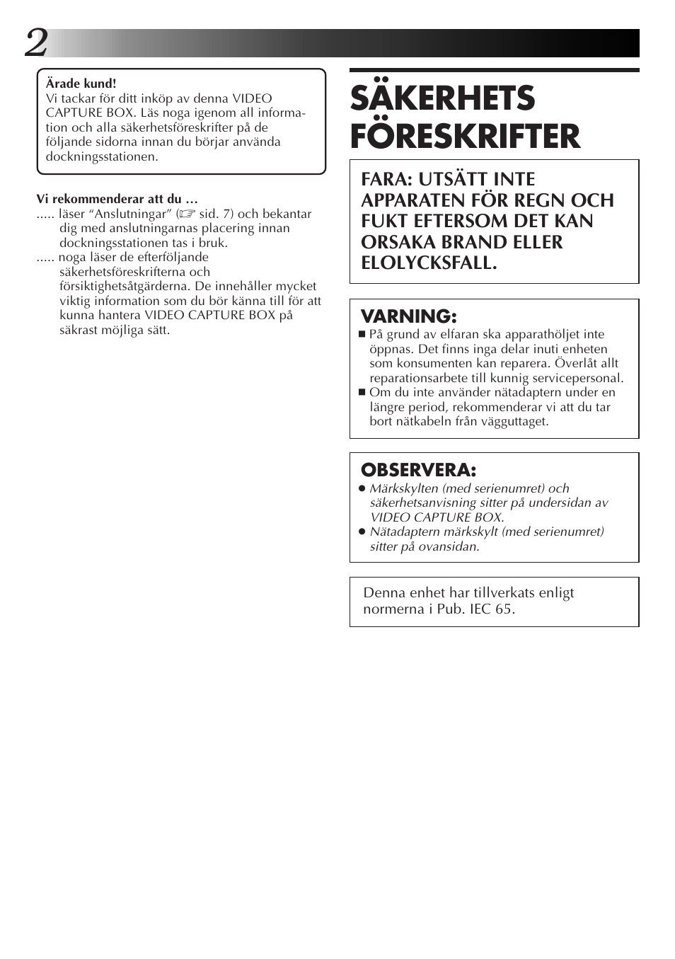 Säkerhets föreskrifter | JVC JLIP GV-CB3E User Manual | Page 98 / 134