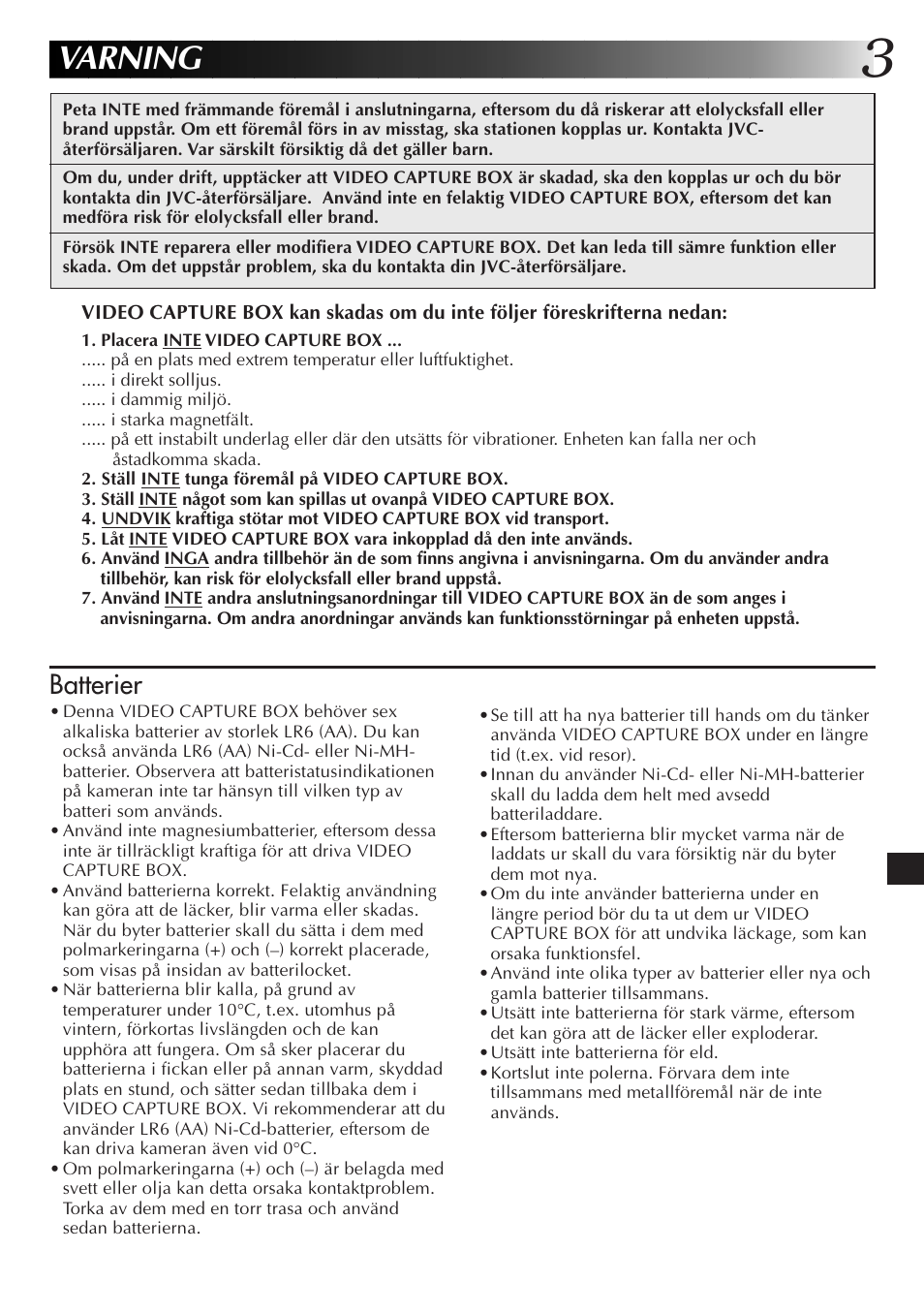 Varning, Batterier | JVC JLIP GV-CB3E User Manual | Page 99 / 134