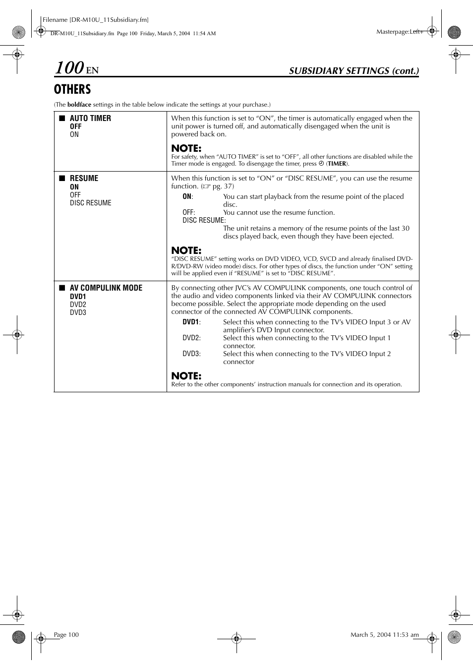 Others, Pg. 100, Pg. 100) | T to “on, Subsidiary settings (cont.) | JVC DR-M10 User Manual | Page 100 / 112