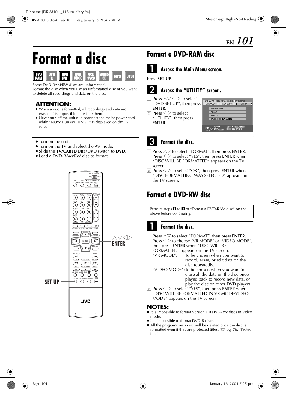 Format a disc, Format a dvdram disc, Format a dvdrw disc | Pg. 101, Ideo mode, Pg. 101, “format a, Dvd-rw disc”), Ming, Pg. 101, “format a disc”), Atted in video mode | JVC DR-M10 User Manual | Page 101 / 112