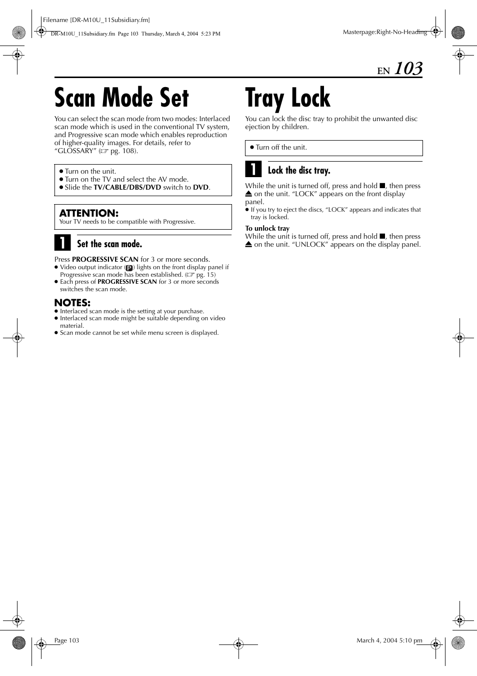 Scan mode set, Tray lock, Scan mode set tray lock | Pg. 103 | JVC DR-M10 User Manual | Page 103 / 112