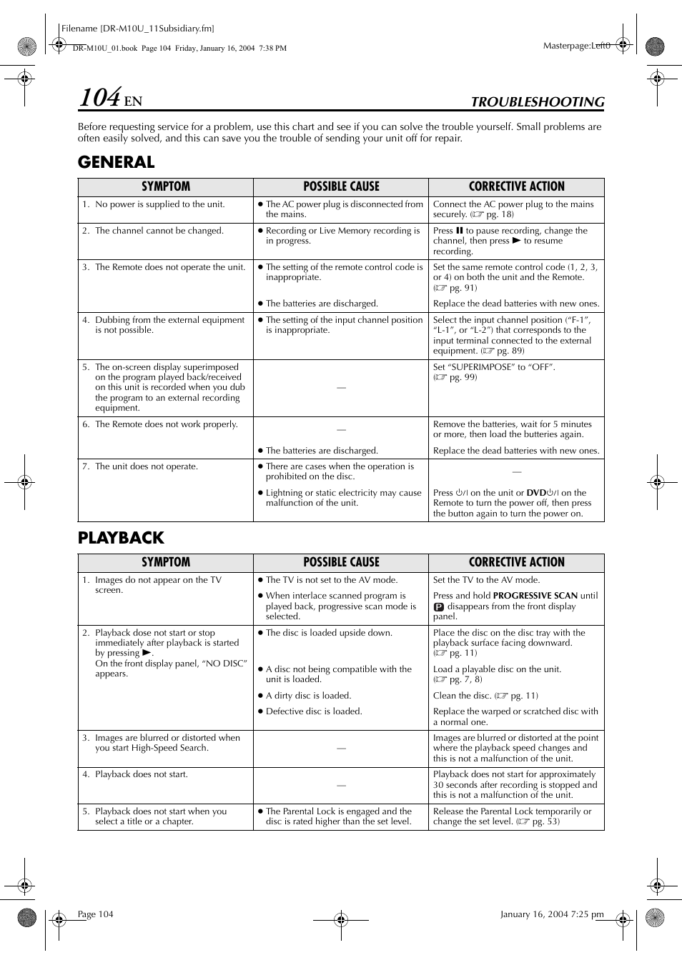 Troubleshooting, Troubleshooting 104, General playback | Symptom possible cause corrective action | JVC DR-M10 User Manual | Page 104 / 112
