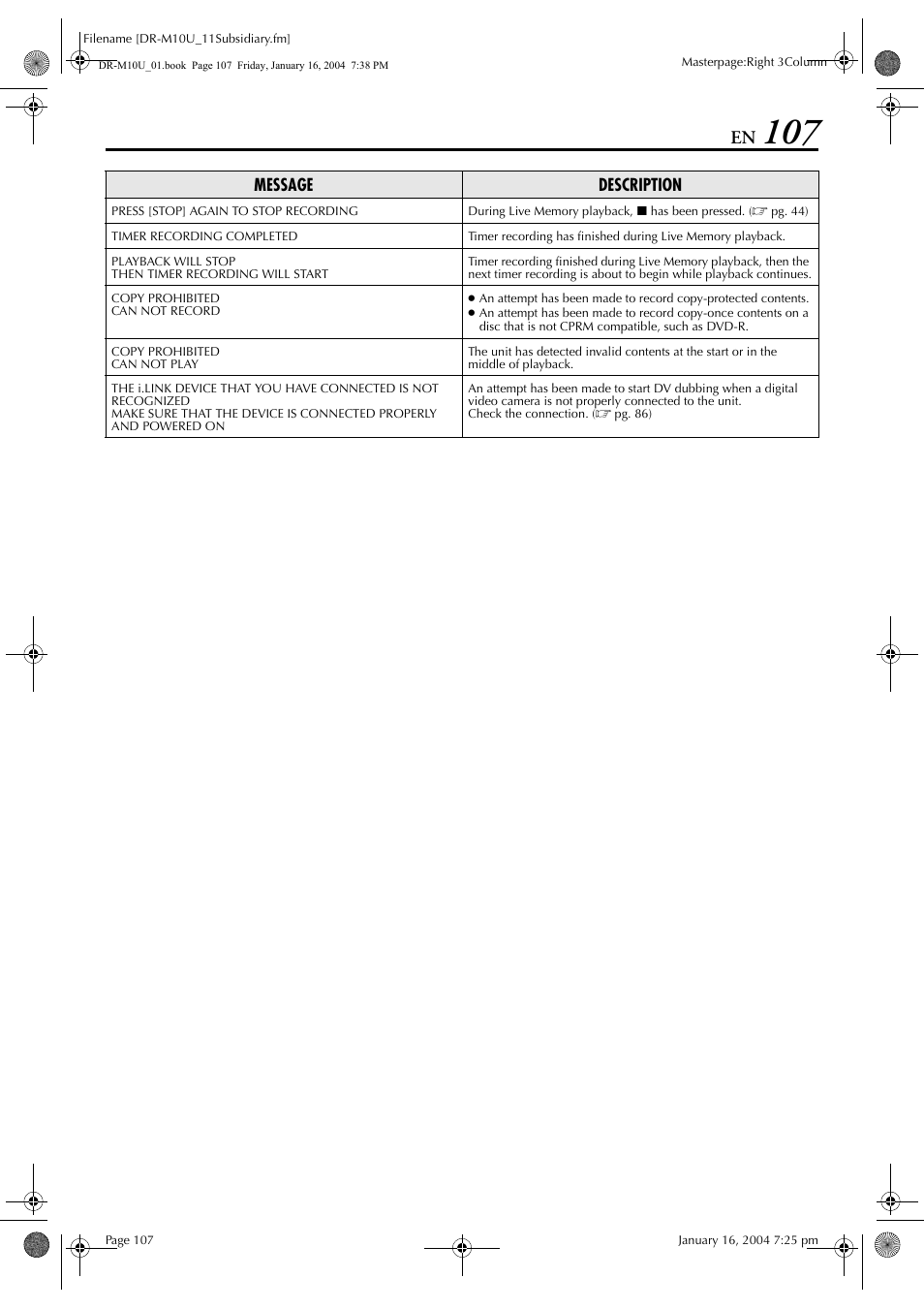 Message description | JVC DR-M10 User Manual | Page 107 / 112