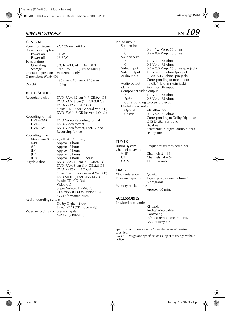 Specifications, Specifications 109, In “specifications” o | JVC DR-M10 User Manual | Page 109 / 112
