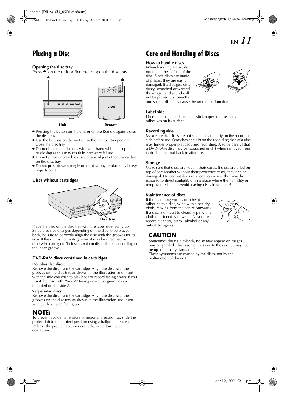 Placing a disc, Care and handling of discs, Caution | JVC DR-M10 User Manual | Page 11 / 112
