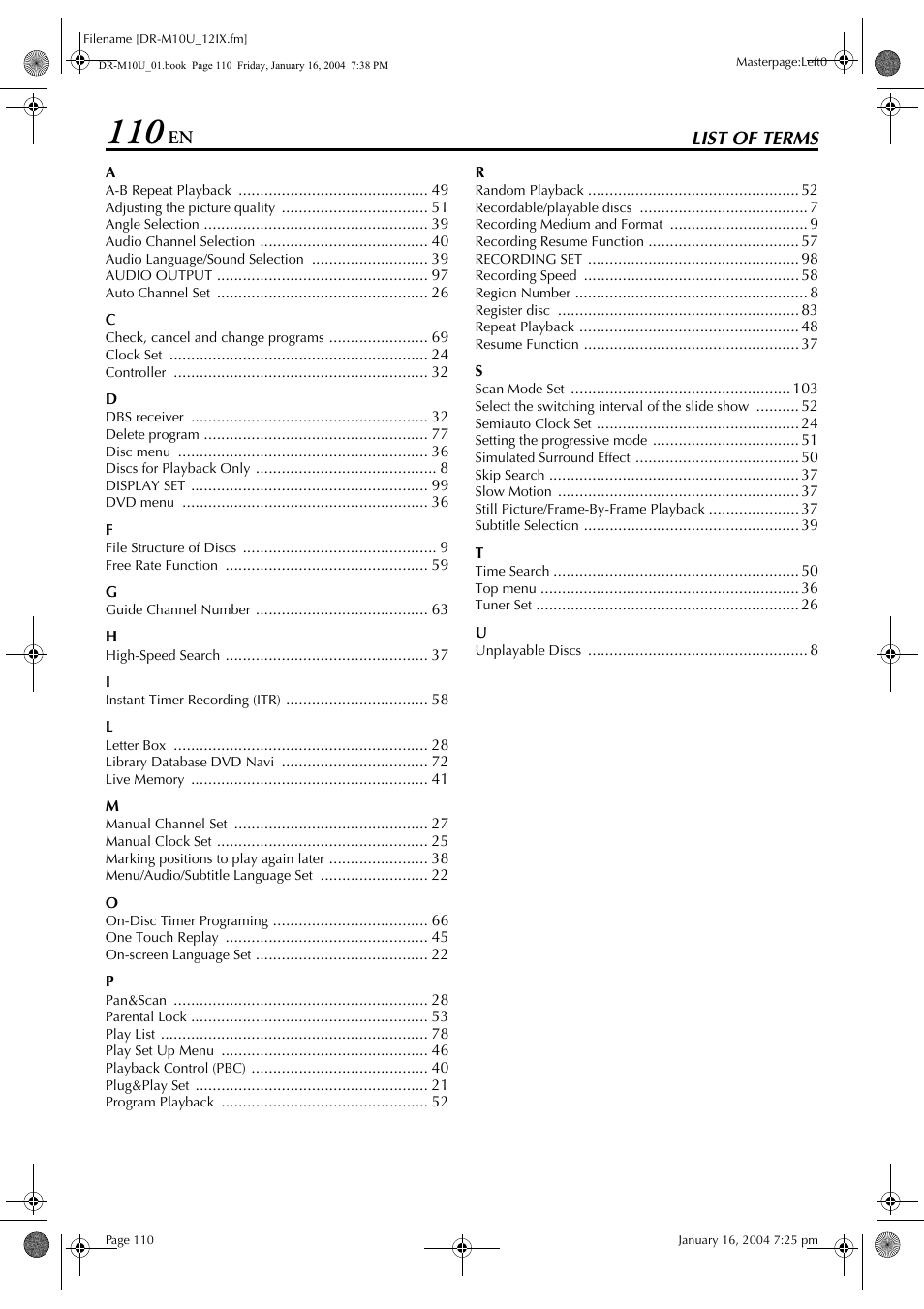 List of terms | JVC DR-M10 User Manual | Page 110 / 112
