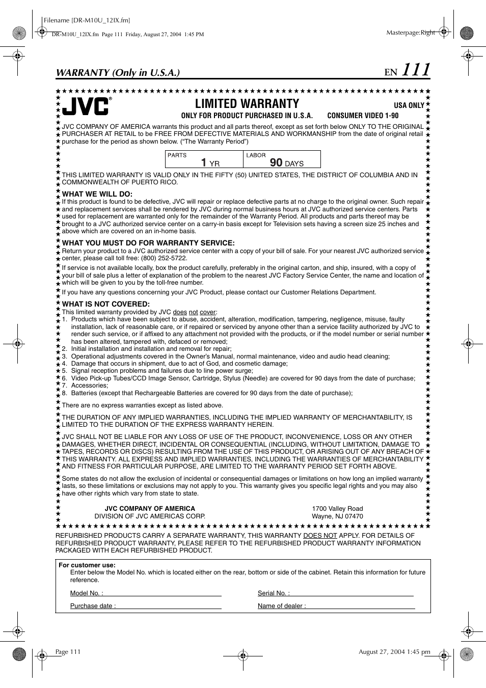 For servicing (only in u.s.a.), Limited warranty, Warranty (only in u.s.a.) | JVC DR-M10 User Manual | Page 111 / 112