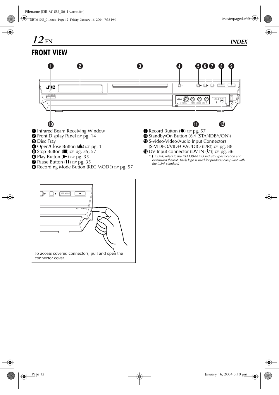 Index, Front view, Index 12 | JVC DR-M10 User Manual | Page 12 / 112