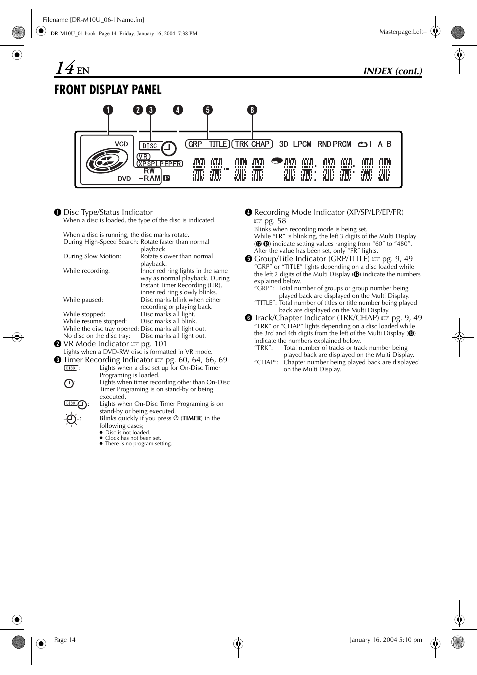 Front display panel, Pg. 14, Index (cont.) | JVC DR-M10 User Manual | Page 14 / 112