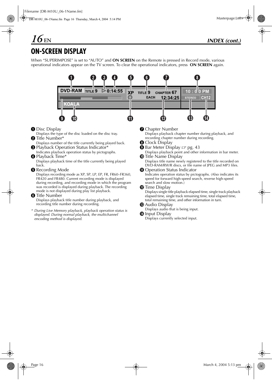 On-screen display, Index (cont.) | JVC DR-M10 User Manual | Page 16 / 112