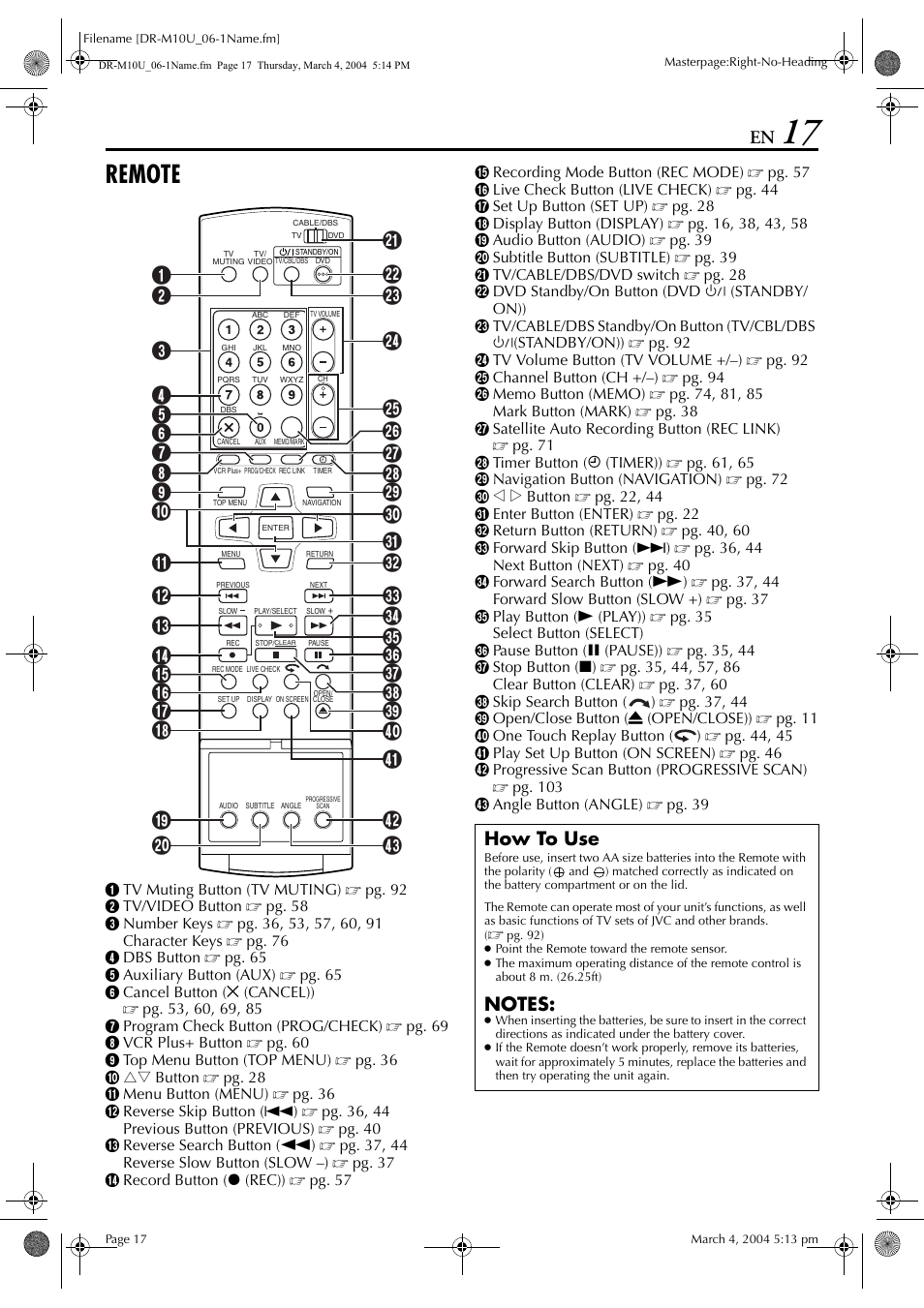 Remote, How to use | JVC DR-M10 User Manual | Page 17 / 112