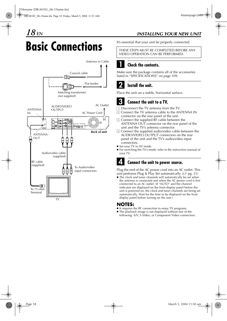 Installing your new unit, Basic connections, Pg. 18 | Pg. 18, 1, Check the contents, Install the unit, Connect the unit to a tv, Connect the unit to power source | JVC DR-M10 User Manual | Page 18 / 112