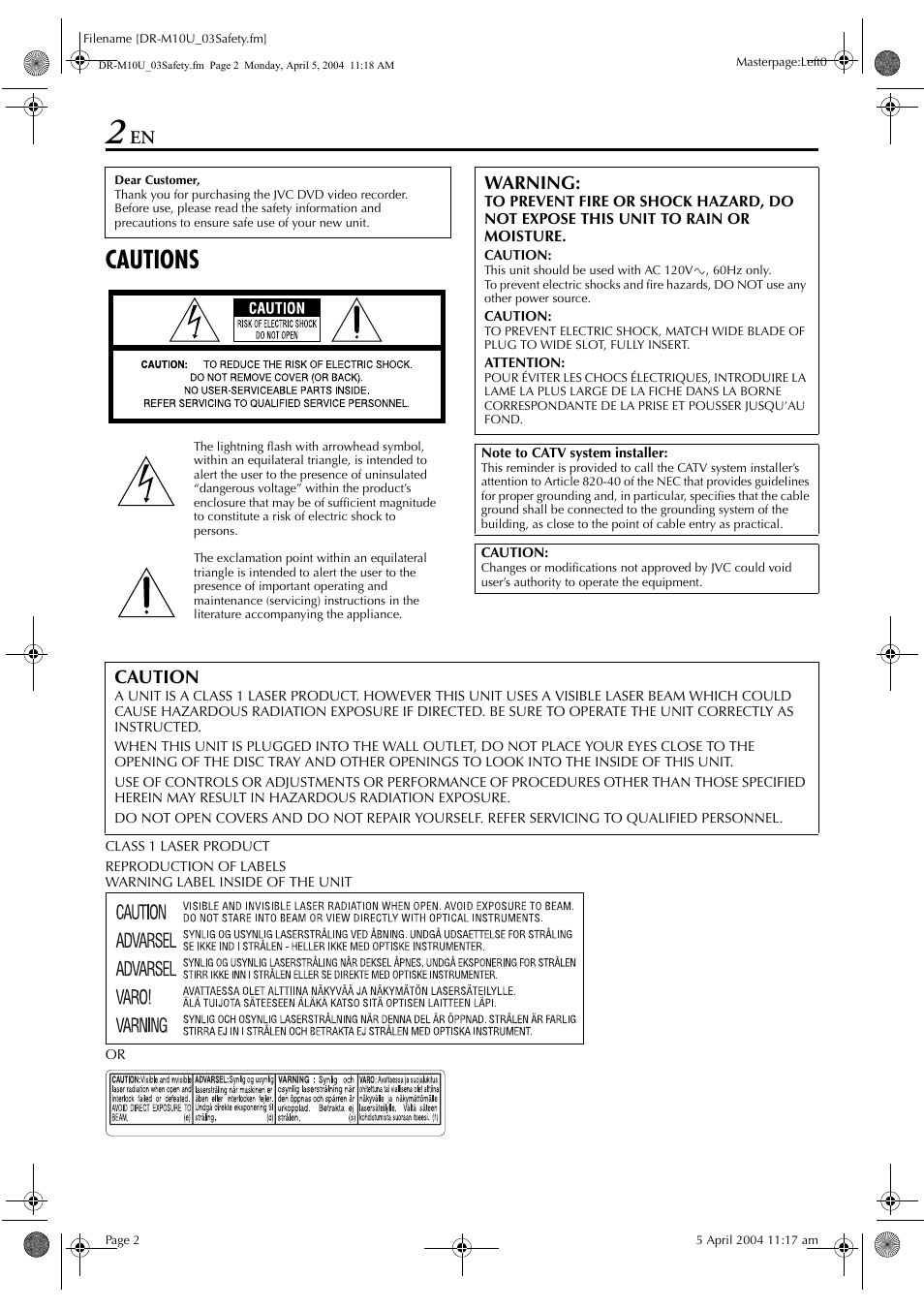 Cautions, Warning, Caution | JVC DR-M10 User Manual | Page 2 / 112