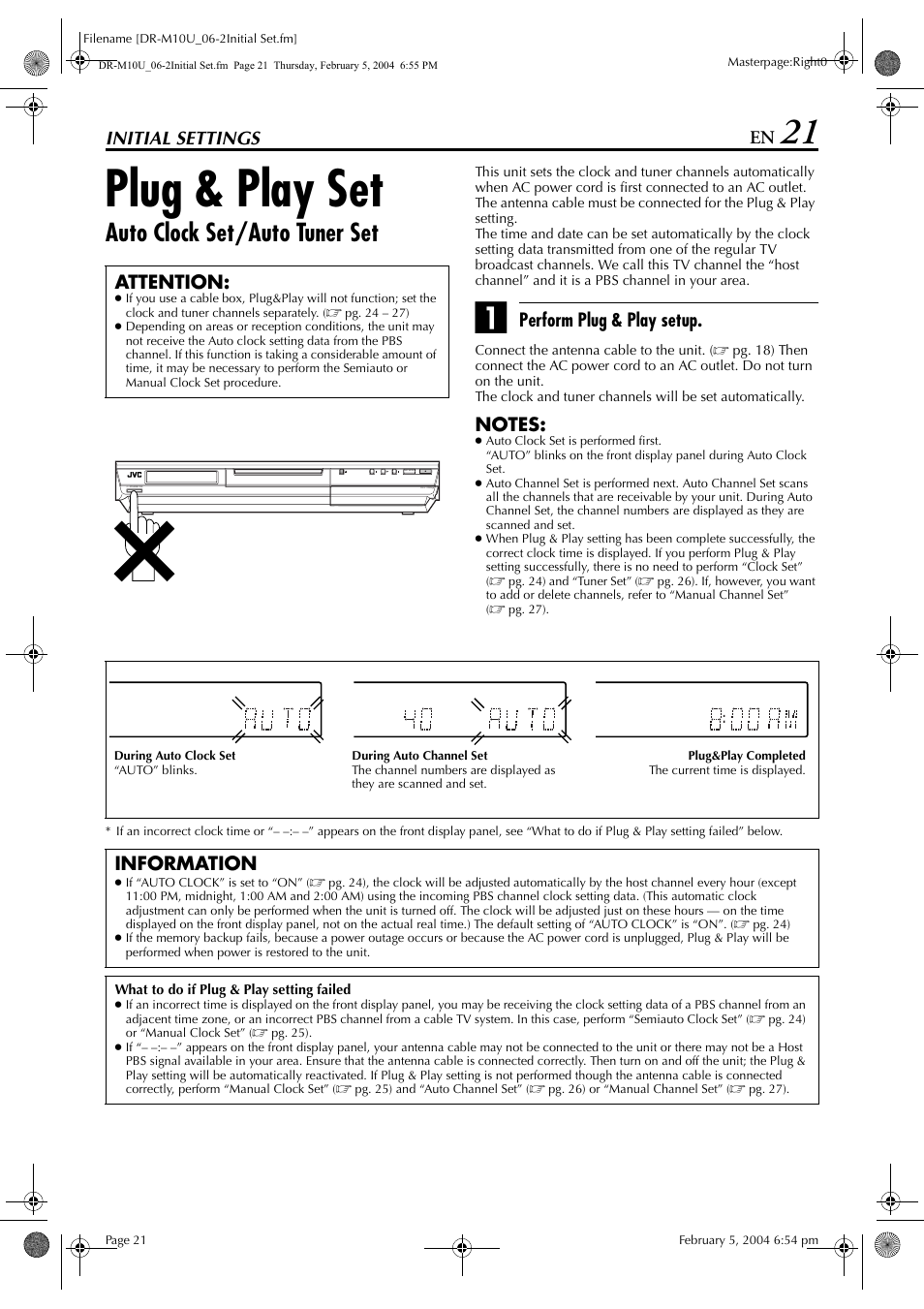 Initial settings, Plug & play set, Pg. 21) | Auto clock set/auto tuner set, Perform plug & play setup, Attention, Information | JVC DR-M10 User Manual | Page 21 / 112