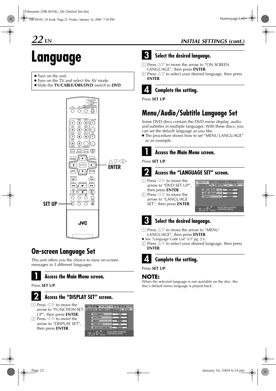 Language, On-screen language set, Menu/audio/subtitle language set | Pg. 22, 44, Pg. 22, Initial settings (cont.), Access the main menu screen, Access the “display set” screen, Select the desired language, Complete the setting | JVC DR-M10 User Manual | Page 22 / 112