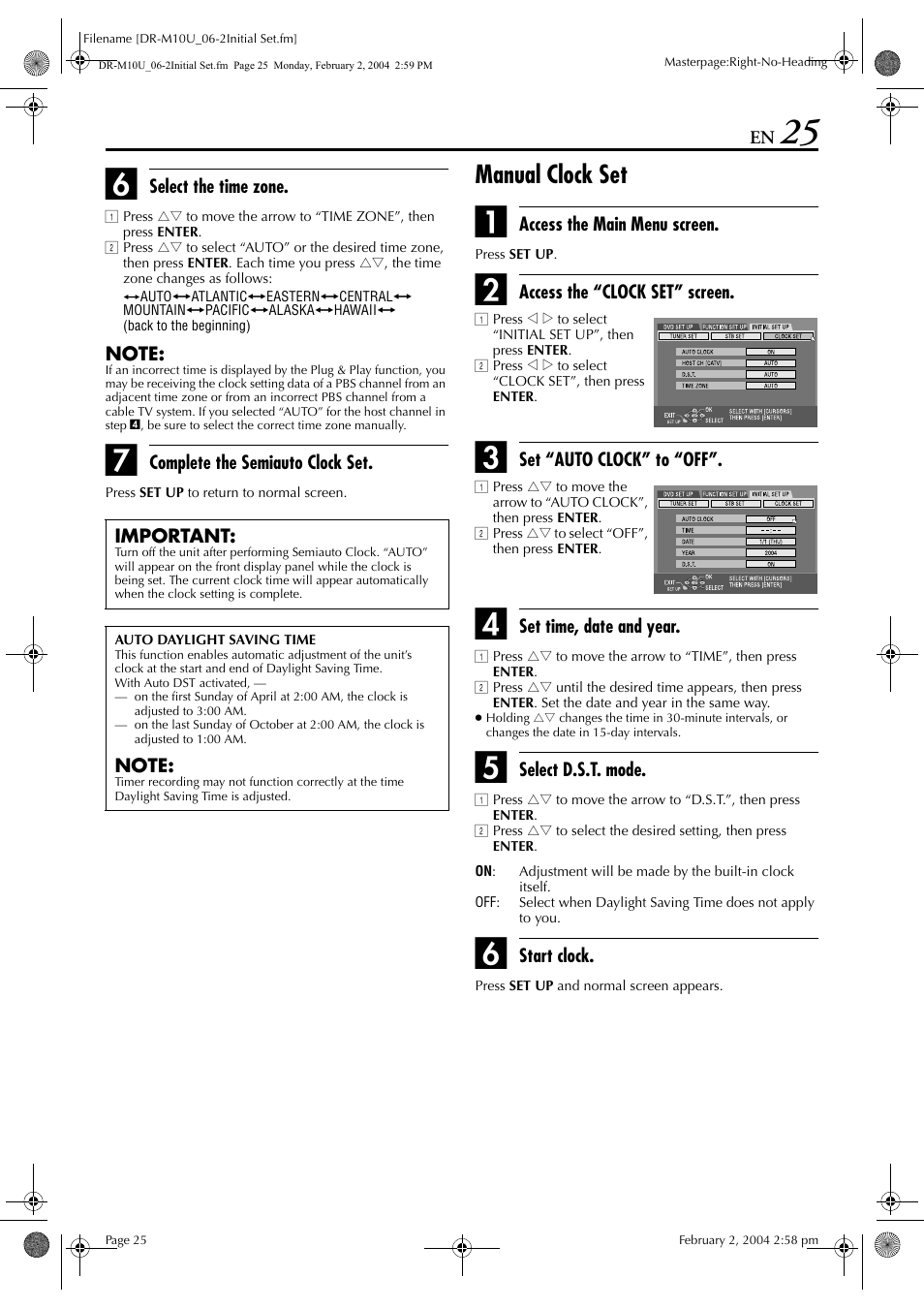 Manual clock set, Or “manual clock set, Pg. 25) | Perform “manual clock set, Pg. 25) an | JVC DR-M10 User Manual | Page 25 / 112
