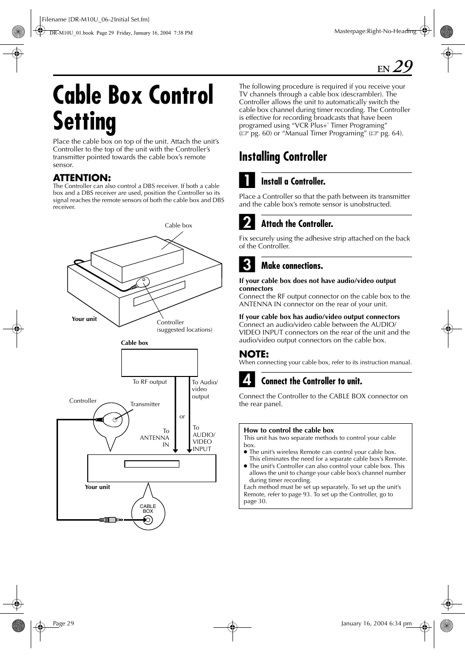 Cable box control setting, Installing controller, Pg. 29 | JVC DR-M10 User Manual | Page 29 / 112